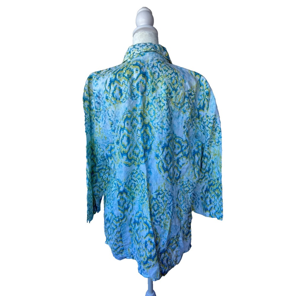 JM Collection Linen Button Up Womens Size 14 Blue Yellow Paisley Floral Coastal - Picture 3 of 11